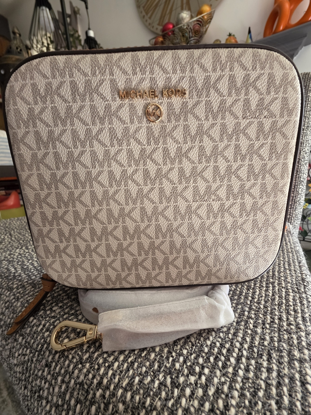 Michael Kors Taupe Logo Crossbody with Gold Hardware